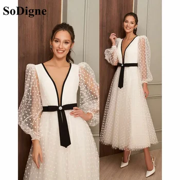 SoDigne Çay Boyu balo kıyafetleri 2022 Uzun Kollu Zarif A-Line Kısa Parti gece elbisesi Nokta Tül Custom Made