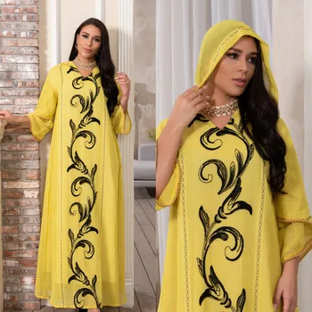 Nakış Kapşonlu Abaya Elbise Kadınlar için Boncuk Arapça Dubai Türkiye Fas Kaftan Müslüman Giyim Sarı Eid 2021 Etnik