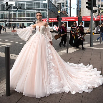 Traugel Vestido De Novia Seksi Sevgiliye Backless Dantel düğün elbisesi Aplike Uzun Parlama Kollu Şapel Tren Bir Çizgi Gelin Kıyafeti
