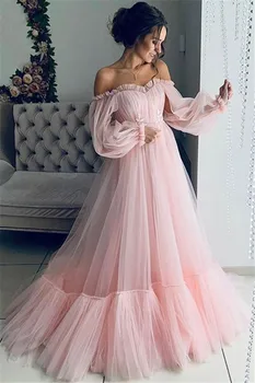 Zarif Pembe Abiye Kapalı Omuz Uzun Kollu Aplikler Seksi Sevgiliye Örgün Kadınlar Balo elbise Parti Elbise