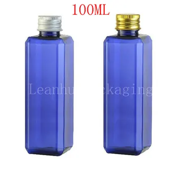 100 ML Mavi Kare Plastik Şişe Alüminyum Kap, 100CC Şampuan / Losyon Alt şişeleme, boş Kozmetik Konteyner ( 50 Adet / grup )