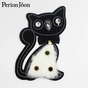 1 adet büyük cam göz siyah kedi yamalar Taklidi dekoratif beyaz kabarık siyah kedi dikmek giyim aplike Aksesuarları