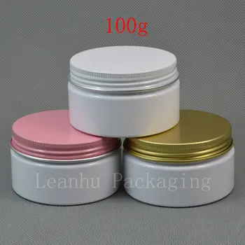 100g x 50 boş beyaz PET krem kavanoz beyaz / pembe / altın alüminyum vidalı kapak, 100cc katı parfüm doldurulabilir konteyner