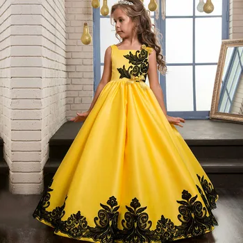 Moda Kolsuz Saten Balo Çiçek Kız Elbise Çocuklar Aplike Düğün Parti Elbiseler