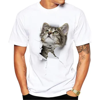 Yeni sevimli kedi yaz erkek tişört 3d hayvan baskı rahat kısa kollu günlük erkek giyim yumuşak mikro elastik O-boyun T-shirt
