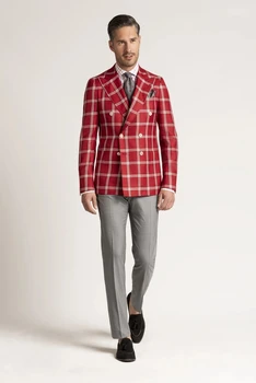 2 Parça Kırmızı Ekose Erkek Düğün Smokin Kruvaze Blazer & Gri Pantolon Damat Groomsmen Suit Özel Made Yeni Tasarım Erkekler Suits