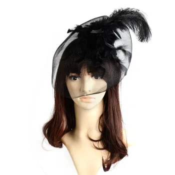 Siyah Tüy Mini silindir şapka Organze Örgü saç tokası Kızlar için Fascinator Peçe Düğün Gelin Parti Düğün Gelinler saç aksesuarları
