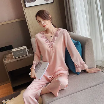Yeni Saten İpek Pijama Rahat Kıyafeti Yaz Kadın Pijama İki Parçalı PJS Seti Salonu Aşınma Dantel Pijama Ev Giysileri