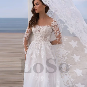 Zarif düğün elbisesi Düğmeler Uzun Kollu Zarif Aplikler Boncuk O-Boyun Tül Prenses Paspas Vestido De Novia Kadınlar
