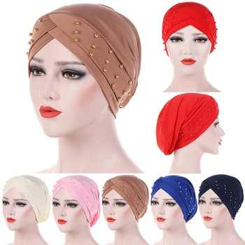 Müslüman Kadınlar Çapraz türban Eşarp İnci Türban Şapka Kanser Kemo Kasketleri Kap İslam Wrap Başörtüsü Musulman Başörtüsü saç aksesuarları