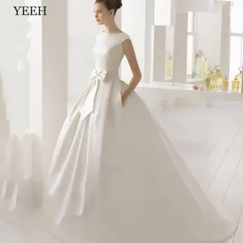 YEEH Balo Saten düğün elbisesi Gelin İçin 2022 Modern Cep Ve Yay İle Robe De Soire Geri Dantel Aplikler Vestido De Novia