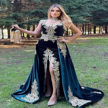 Zümrüt Yeşili Arapça Akşam Elbise Ayrılabilir Tren İle Altın Aplike Kaftan Fas Balo Elbise 2022 Mermaid Dubai Parti Elbisesi