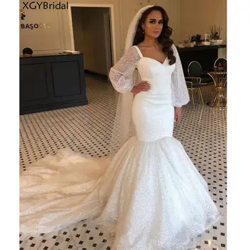 Yeni Köpüklü Mermaid Gelin düğün elbisesi 2021 Uzun Puf Kollu Elbise Sevgiliye Beyaz Mahkemesi Tren Lüks Dubai gelinlik