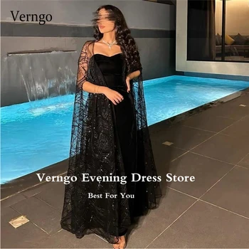 Verngo Sparkly Siyah Dantel Kadife Abiye Şal Sevgiliye Ayak Bileği Uzunluğu Suudi Arapça Kadınlar Balo Abiye Parti Vesilesiyle