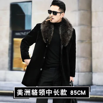 Kış 100 % Koyun Kesme Ceket erkek Gerçek Rakun Yaka Erkek Uzun Sıcak Kürk Kore Tarzı Veste Homme SQQ1015