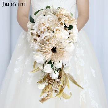 JaneVini Krem Gül Şelale Düğün Buket Yapay El Yapımı Gelin El Çiçekleri Gözyaşı Cosmos Fotoğraf Buket Çiçekler
