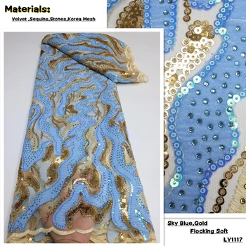 Gökyüzü Mavi kadın Dikiş Tekstil Malzemeleri 5 Metre Yüksek Kaliteli Kadife Nijeryalı Dantel Kumaş Parti Elbise İçin Taşlarla LY1116
