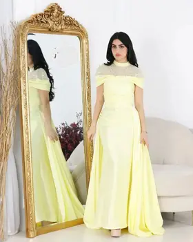 Açık Sarı Saten Uzun balo kıyafetleri Kılıf Yüksek Boyun Kapaklı Kollu Kat Uzunluk Suudi Arabistan Kadınlar Akşam Parti Elbise