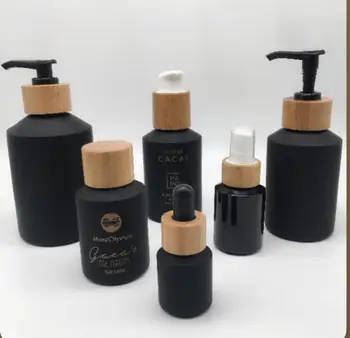 100Ml 60Ml Cam Sprey Şişesi Cbd Şişe Bambu Kozmetik Ambalaj Bambu pompa şişesi Buzlu Siyah Vücut Losyonu şampuan şişesi