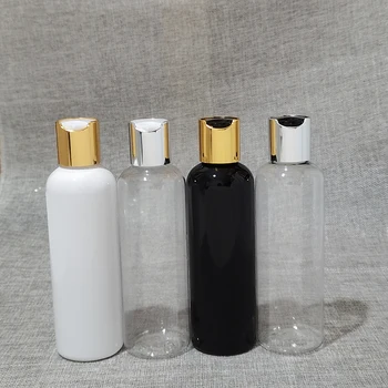 40 adet 200ml beyaz Siyah yuvarlak boş plastik vücut şampuan şişesi altın gümüş disk üst kapağı, PET doldurulabilir sıvı sabun şişeleri