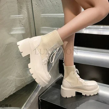 Çizmeler Kadın İnek Deri Ayak Bileği Yuvarlak Ayak Yan Fermuar Lace Up Bayanlar Blok Yüksek Topuk Ayakkabı El Yapımı Patik Kadın Kış 2022