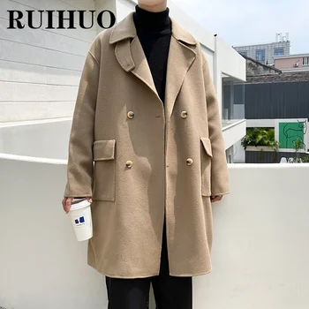 RUIHUO Kruvaze Uzun Kış Ceket Erkek Giyim Uzun Ceketler Erkekler İçin 2021 Erkek Trençkot Yün M-3XL Sonbahar Yeni Gelenler