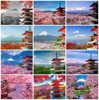 Kraliyet Gizli Elmas Dağ Sakura Çapraz Dikiş Elmas Boyama Tam Kare / Yuvarlak Fuji Dağı Manzara Rhinestones Sanat Hediye