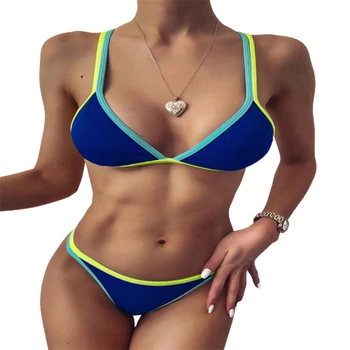 FS Seksi Kadın Mavi Mikro Tanga Renk Bikini Set V Boyun Split Banyo Uygun Ayrılabilir Dikiş İki Parça Mayo Mayo 2022