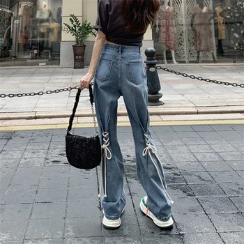 Sokak Kişilik Eski Kot Vintage Yüksek Bel Bandaj Yay Dantel Up İpli Tasarım Düz Jean Düz Geniş Bacak Pantolon