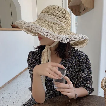 100 % Rafya yazlık hasır şapka Dantel plaj şapkaları Kadın Seyahat Geniş Ağız güneş şapkası Zarif Lolita Kova Şapka Açık Tatil Chapéu