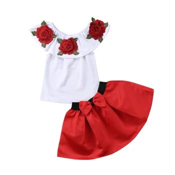 Pudcoco Hızlı Kargo Yeni Moda Çocuklar Bebek Kız Giysileri Set Kapalı Omuz 3D Gül Çiçek Bluz Üst Etek Kıyafet Giysileri