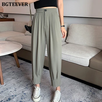 BGTEEVER Yaz Rahat Yüksek Bel Geniş Bacak Takım Elbise Pantolon Kadınlar için Şık Şık Gevşek Tek Düğme Kadın Düz Pantolon 2021