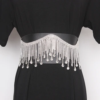 Kadın pist moda kristal püskül pu deri Kuşak kadın elbisesi Korseler Kemer Kemerler dekorasyon geniş bant TB1239
