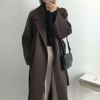 Fransız Tembel Tarzı Sıcak Kadın Taze Kış 2021 Klasik Kemer Retro Gevşek Kadın Yün Palto Şık Rahat Uzun Yün Karışımı Ceket