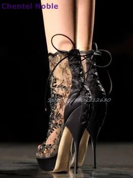 Siyah Dantel Peep Toe Sandalet İnce Yüksek Topuklu Çapraz Kayış Yan Fermuar Stilettos Yeni Varış Moda Seksi Kadın Ayakkabı parti ayakkabıları