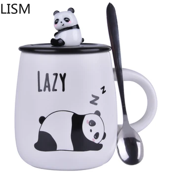 Panda Seramik kapaklı kupa Kaşık Karikatür Kahve Kupalar Sevimli Kişiselleştirilmiş Yaratıcı Süt çay bardağı Kahvaltı Kahve Fincanı Seyahat Tazas