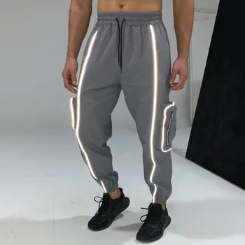 Dokuma Fermuar Büyük Cep Yansıtıcı Şerit Sweatpants erkek İlkbahar ve Sonbahar Moda Spor Kargo Pantolon Gece Koşu Pantolon