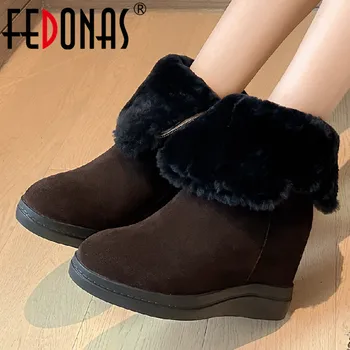 FEDONAS Takozlar Topuklu Yüksekliği Artan Kadın Kar yarım çizmeler Ofis Bayanlar Sıcak Yün İnek Süet deri ayakkabı Kadın 2023 Kış
