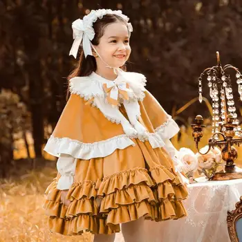 1 2 4 6 8 10 Yıl Kız Lolita Elbise 2022 İlkbahar Sonbahar Uzun Kollu Fırfır Dantel Hem balo elbisesi Çocuk Kız Parti Giyim