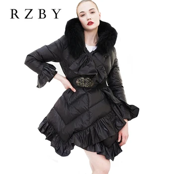 Lüks Kadın Aşağı Ceketler Falbala Tasarım Kadın Kışlık Mont Ayarlanabilir Rakun Saç Yaka Vintage Kapşonlu İnce Dış Giyim RZBY006