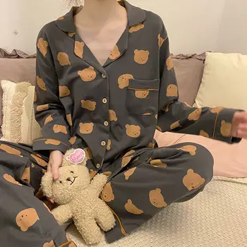 Bayan Japon Izgara Pijama Seti Turn-aşağı Yaka Pijama Uzun Kollu Takım Elbise Yumuşak Kadın Pijama Sonbahar Gecelik Ev Hizmetleri