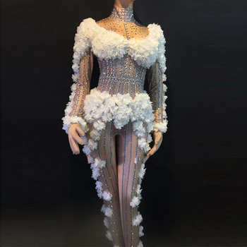 Beyaz Çiçekler Spandex Büyük Streç Rhinestones Tulum kadın Seksi Bodysuit Kostüm Sahne Dans Kıyafeti Performans Giyim DWY1373