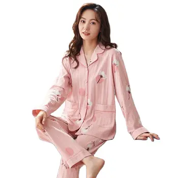 Sonbahar Yeni Örme Pamuk Kadın Pijama Set Çiçek Pijama Uzun Kollu Turn-aşağı Yaka M-3XL Kadın Kıyafeti