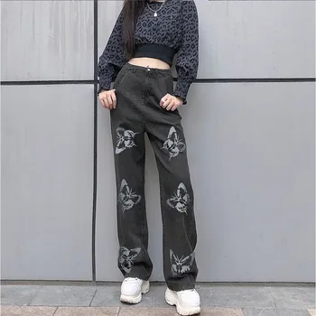 Kadın Moda Kelebek Baskı Kot, Gevşek Rahat Düz bacak Yüksek Bel Pantolon peri grunge streetwear kadın y2k