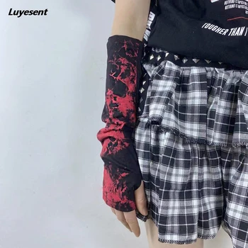 Kadın Punk Serin Batik Eldiven 2022 Bayan Koyu Gotik Parmaksız Dirsek Uzunluğu Goth Siyah Kırmızı Eldiven Ninja Sokak Hip-hop Eldivenler