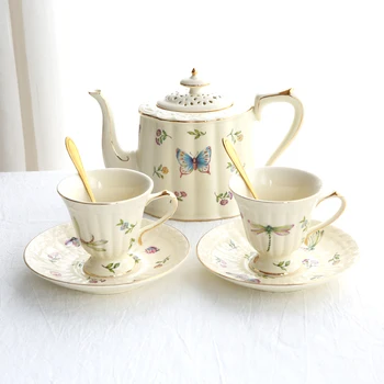 Fransız Kelebek Bahçe Teaware porselen çay fincan ve çay tabağı Kaşık Demlik Öğleden Sonra çay seti Coffeeware Seti Ev Ofis İçin
