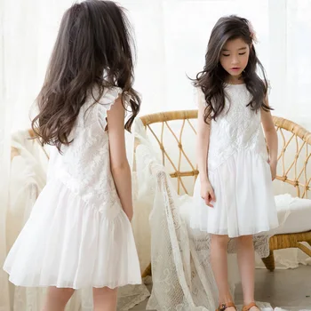 2021 Yeni Yaz Kolsuz Beyaz Dantel Elbise Fırfır Prenses Kostüm Yaş 4-14 Yıl Genç Kız Okul Tarzı Parti Frocks