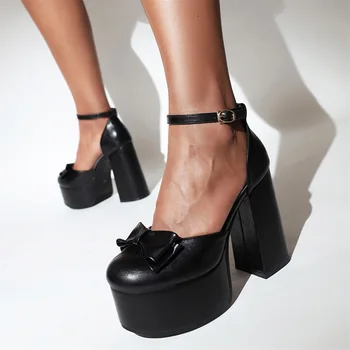 Kalın Süper Yüksek Topuk Pompaları Kadın Kelebek-Düğüm Platformu Toka Askı Roma Sandalet Moda Yüksek topuklu ayakkabılar Düğün Gelin İçin