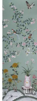 Ev dekorasyon duvar malzemesi El-boyalı ipek duvar kağıdı boyama çiçekler kuşlar ve vazo ile birçok resim isteğe bağlı
