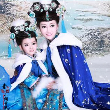 Han Jiang Qu Mavi Qing Hanedanı Prenses Kış Kostüm Kürk Pelerin Qifu Anne ve Kızı Ebeveyn-çocuk Hanfu Seti